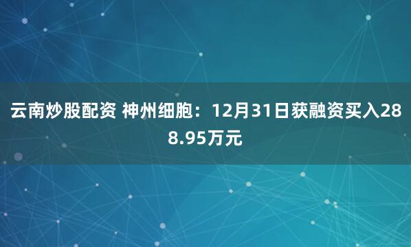 云南炒股配资 神州细胞：12月31日获融资买入288.95万元